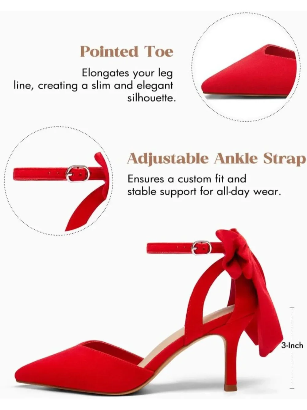 Women's Red Closed Pointed Toe Pumps Bow Ankle Strap Kitten Wedding Heels Shoes